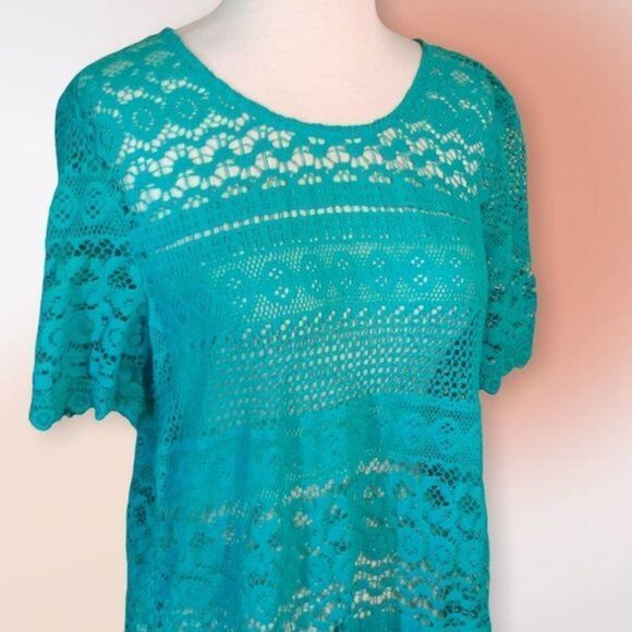 COLDWATER Creek Turquoise Lace Open Weave Swimsuit Cover Tunic L 14 - Picture 2 of 10